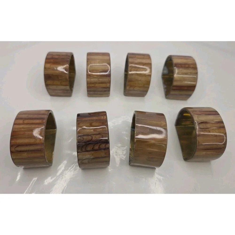 6 Vintage Mid Cent Mod Brass & Tessellated Bone Bovine Stained Napkin Rings